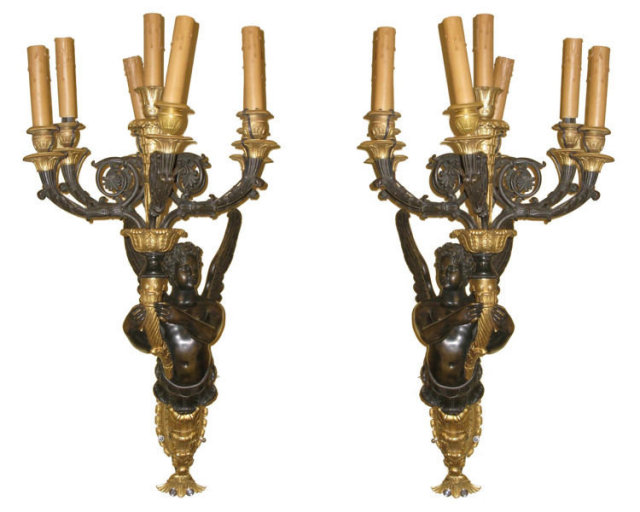 Pair Large Antique Empire Style Figurative Cherub Bronze Candelabra Sconces in Manner of Ravio