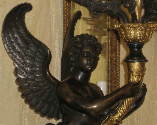 Pair Large Antique Empire Style Figurative Cherub Bronze Candelabra Sconces in Manner of Ravio