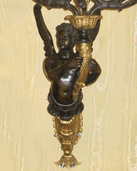 Pair Large Antique Empire Style Figurative Cherub Bronze Candelabra Sconces in Manner of Ravio