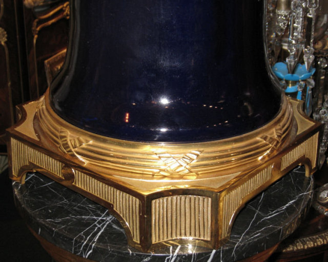 Pair of Sevres Palace Size Neoclassical Cobalt Blue Vases with Gilt Bronze Mounts