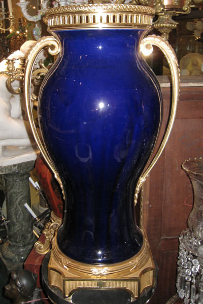 Pair of Sevres Palace Size Neoclassical Cobalt Blue Vases with Gilt Bronze Mounts