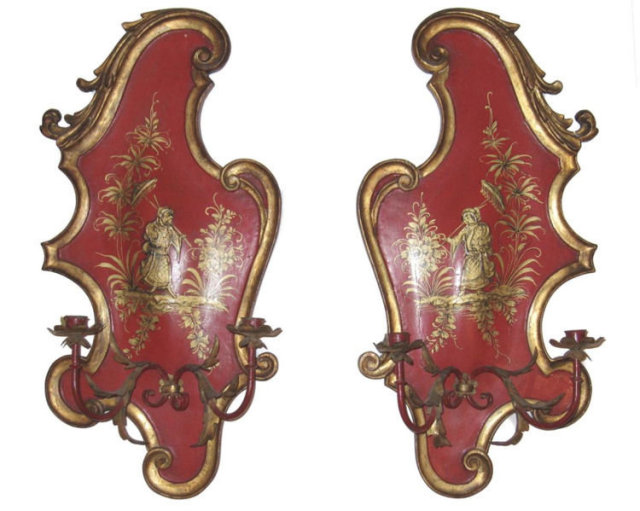 Pair of Vermilion Red Chinoiserie 2-Candle Sconces