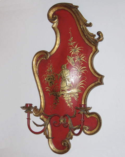 Pair of Vermilion Red Chinoiserie 2-Candle Sconces