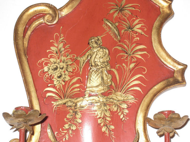 Pair of Vermilion Red Chinoiserie 2-Candle Sconces