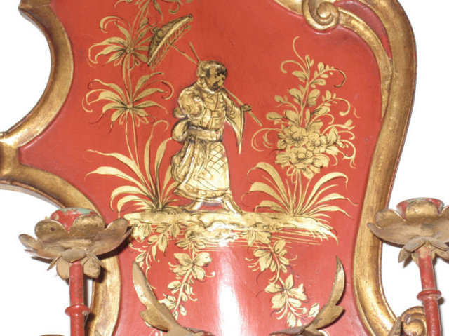 Pair of Vermilion Red Chinoiserie 2-Candle Sconces