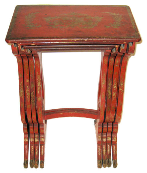 Antique Set of Red Vermilion Japanned Chinoiserie Nesting Tables