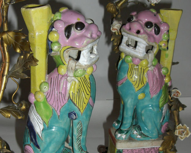 Pair of Chinese Export Porcelain Foo Dog Lamps