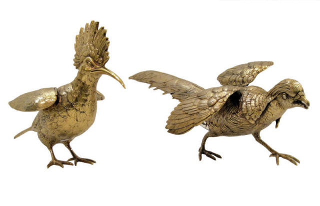 Pair of Antique German Gilded Silver Birds
