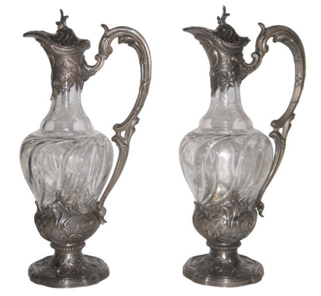 Pair of French Silver & Crystal Claret Jugs by V. Boivin