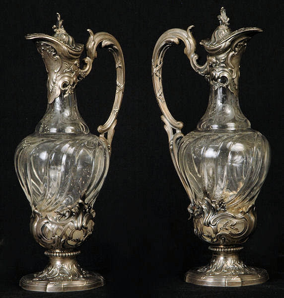Pair of French Silver & Crystal Claret Jugs by V. Boivin