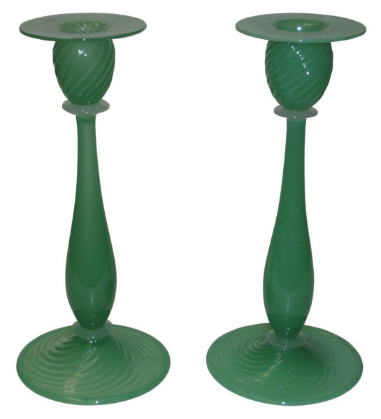 Pair Vintage Steuben Jade Green Glass Candlesticks
