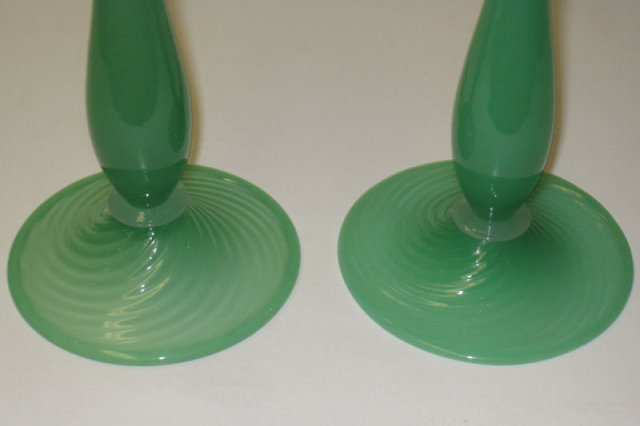 Pair Vintage Steuben Jade Green Glass Candlesticks