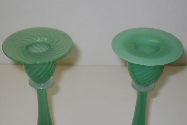Pair Vintage Steuben Jade Green Glass Candlesticks
