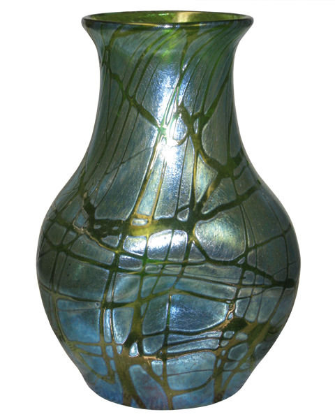 Antique Loetz Iridescent Green Glass Vase with Creta Pampas Decor