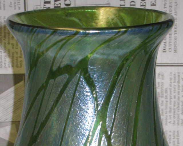Antique Loetz Iridescent Green Glass Vase with Creta Pampas Decor