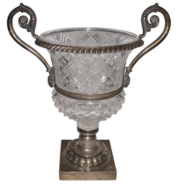 Antique Continental Cut Crystal Glass and Silver Handled Vase