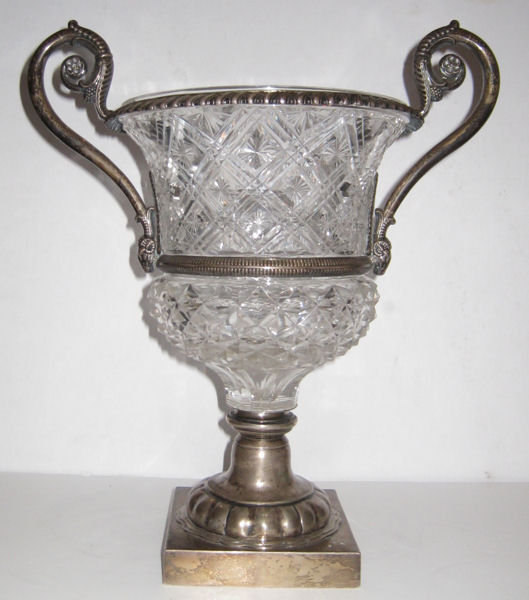 Antique Continental Cut Crystal Glass and Silver Handled Vase
