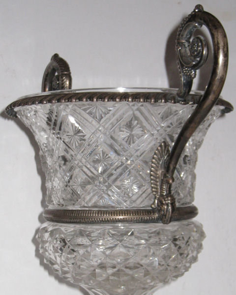 Antique Continental Cut Crystal Glass and Silver Handled Vase