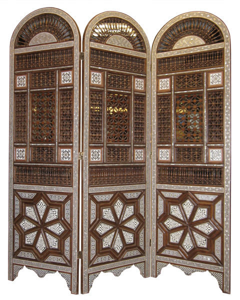 Moroccan Mother-of-Pearl & Bone Inlaid 3-Panel Wooden Screen
