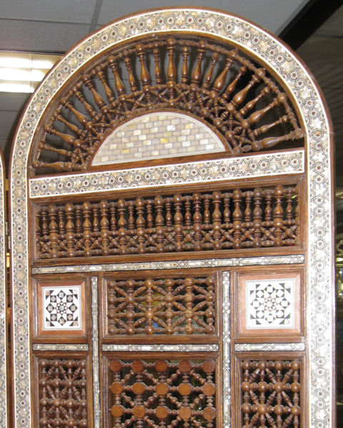 Moroccan Mother-of-Pearl & Bone Inlaid 3-Panel Wooden Screen