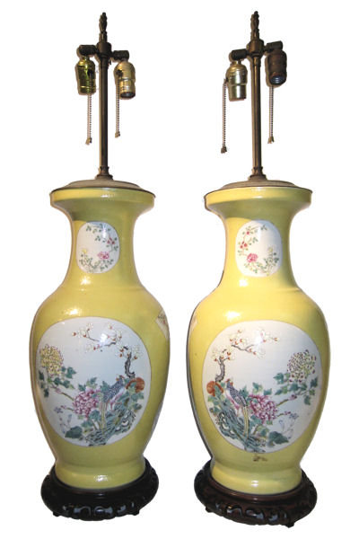 Pair of Chinese Famille Jaune Porcelain Table Lamps