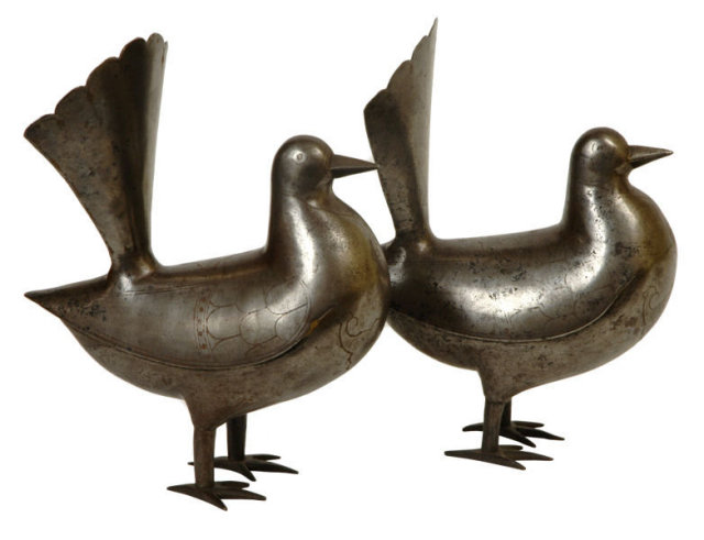 Pair of Islamic Qajar Dynasty Persian Gold and Silver Inlaid Steel Dove Figurines