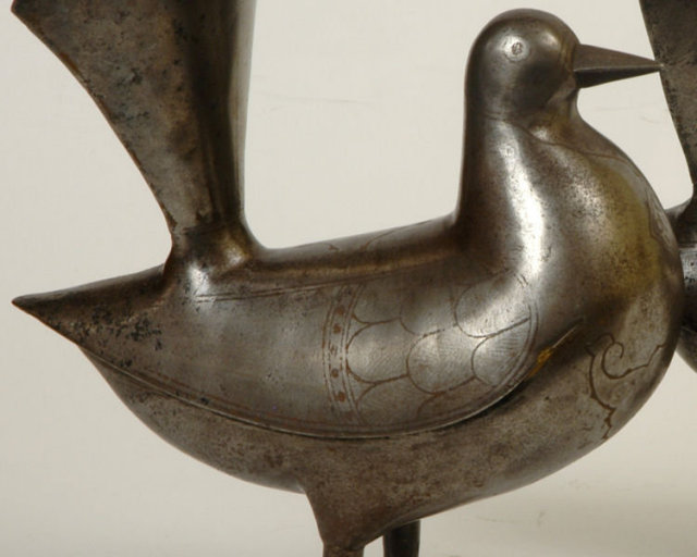 Pair of Islamic Qajar Dynasty Persian Gold and Silver Inlaid Steel Dove Figurines