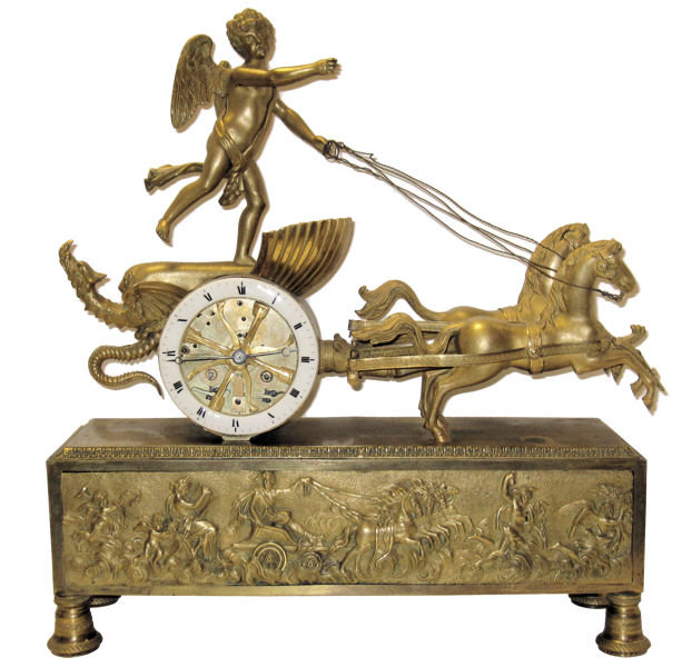 Anitque French Directoire Empire Period Chariot Form Bronze Mantel Clock