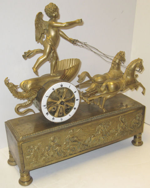 Anitque French Directoire Empire Period Chariot Form Bronze Mantel Clock