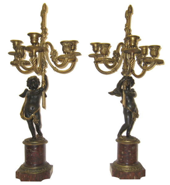 Pair of French Figural Cherub Bronze Candelabra