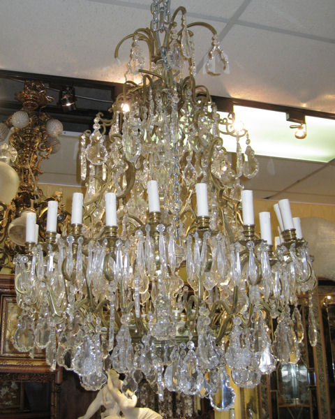 Palatial Antique 34-Candle Brass and Crystal Chandelier