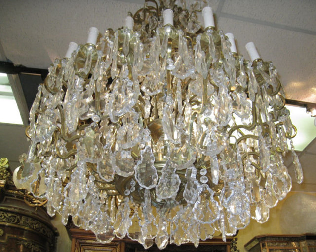 Palatial Antique 34-Candle Brass and Crystal Chandelier