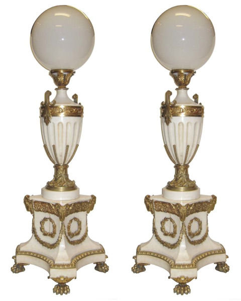 Pair French Empire Style Marble and Bronze Torchere Floor Lamps