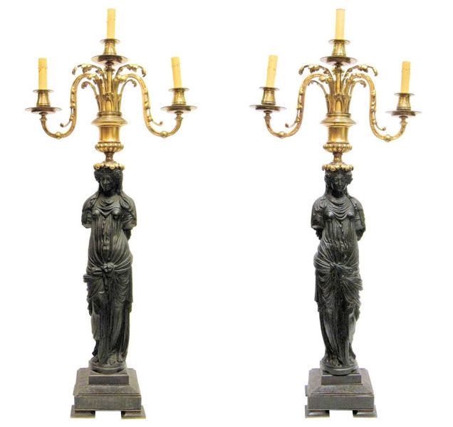 Pair Patinated & Gilt Bronze Neoclassical Figural Candelabra Lamps