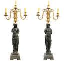 Pair Patinated & Gilt Bronze Neoclassical Figural Candelabra Lamps