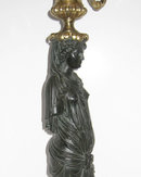 Pair Patinated & Gilt Bronze Neoclassical Figural Candelabra Lamps