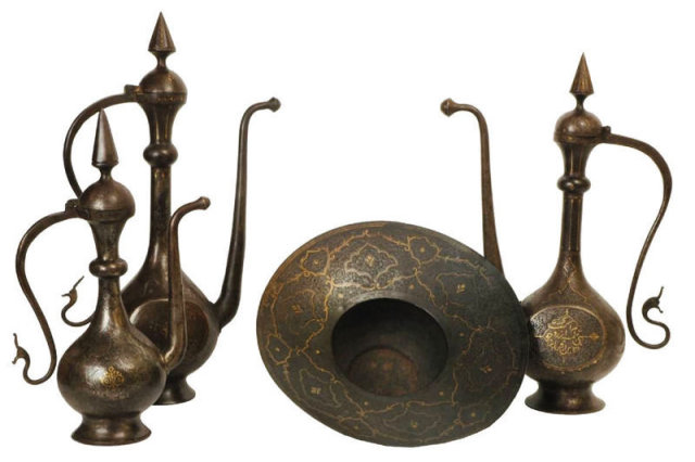 Group of Islami Persian Qajar Gold and Silver Inlaid Steel Ewers and Basin