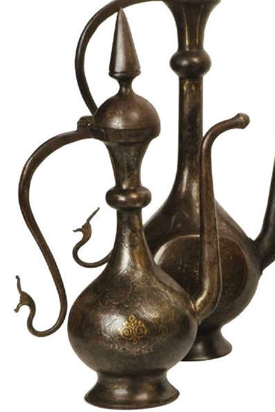 Group of Islami Persian Qajar Gold and Silver Inlaid Steel Ewers and Basin
