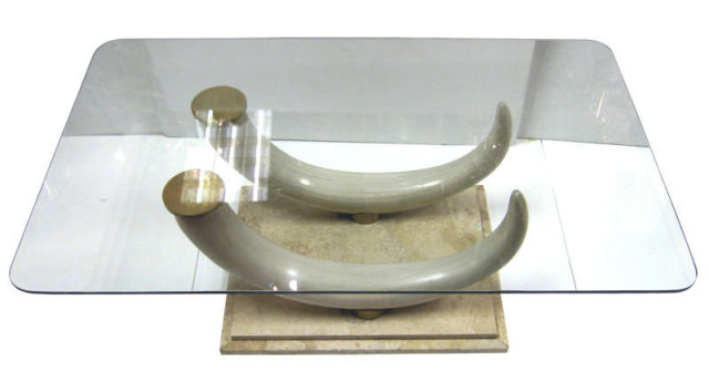 Faux Elephant Ivory Tusk, Marble and Glass Coffee Table by Maison Jansen