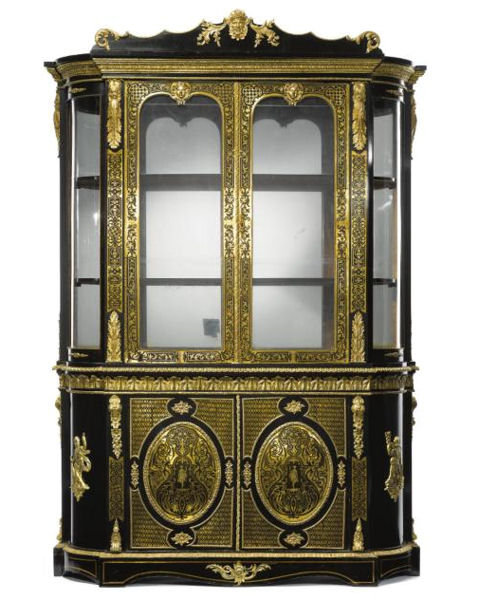 Napoleon III Bronze Mounted Ebonized Cabinet Bookcase with Brass Marquetry