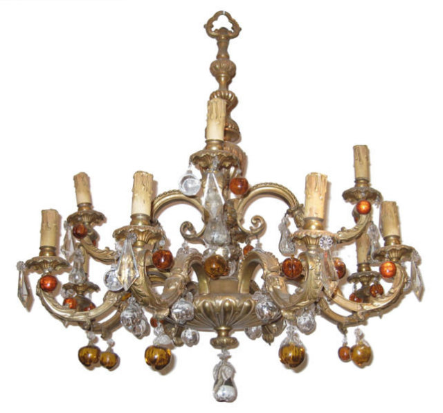 Large Classical 12-Candle Bronze Chandelier with Fruit-Shaped Colored Glass Pendants