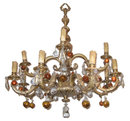 Large Classical 12-Candle Bronze Chandelier with Fruit-Shaped Colored Glass Pendants