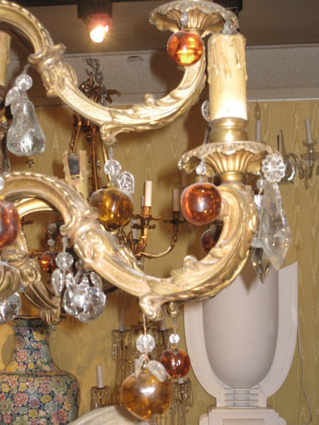 Large Classical 12-Candle Bronze Chandelier with Fruit-Shaped Colored Glass Pendants