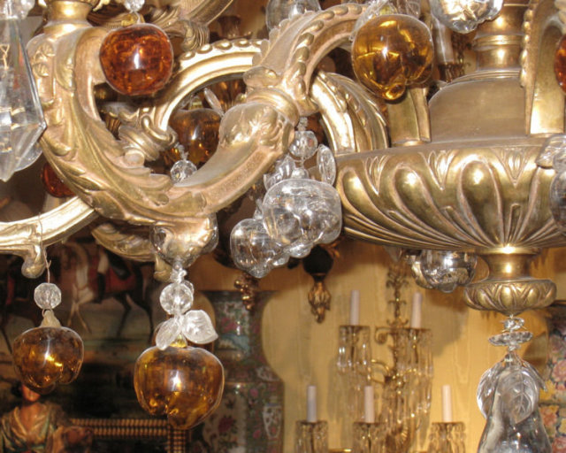 Large Classical 12-Candle Bronze Chandelier with Fruit-Shaped Colored Glass Pendants
