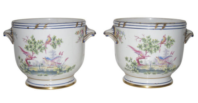 Pair of Porcelain Chinoiserie Wine Coolers with Exotic Painted Birds by Sevres