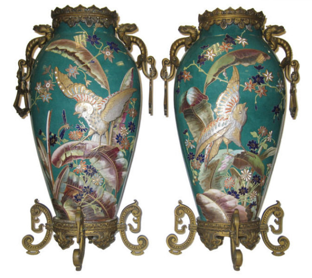 Pair of French Exotic Japanese Style Bronze Mounted Porcelain Vases by St. Denis