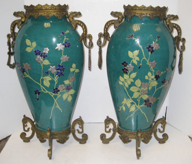 Pair of French Exotic Japanese Style Bronze Mounted Porcelain Vases by St. Denis