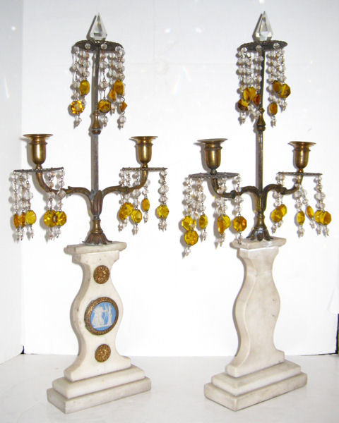 Pair of Marble and Bronze Candelabra with Neoclassical Jasperware Medallions
