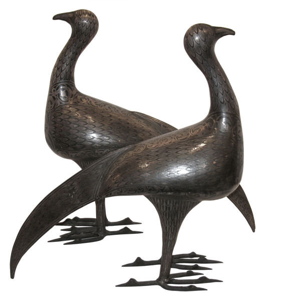 Pair of Antique Islamic Persian Qajar Period Patinated Steel Bird Figurines