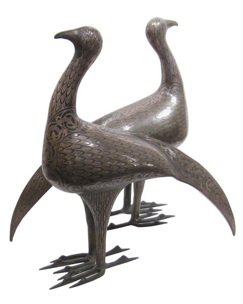 Pair of Antique Islamic Persian Qajar Period Patinated Steel Bird Figurines